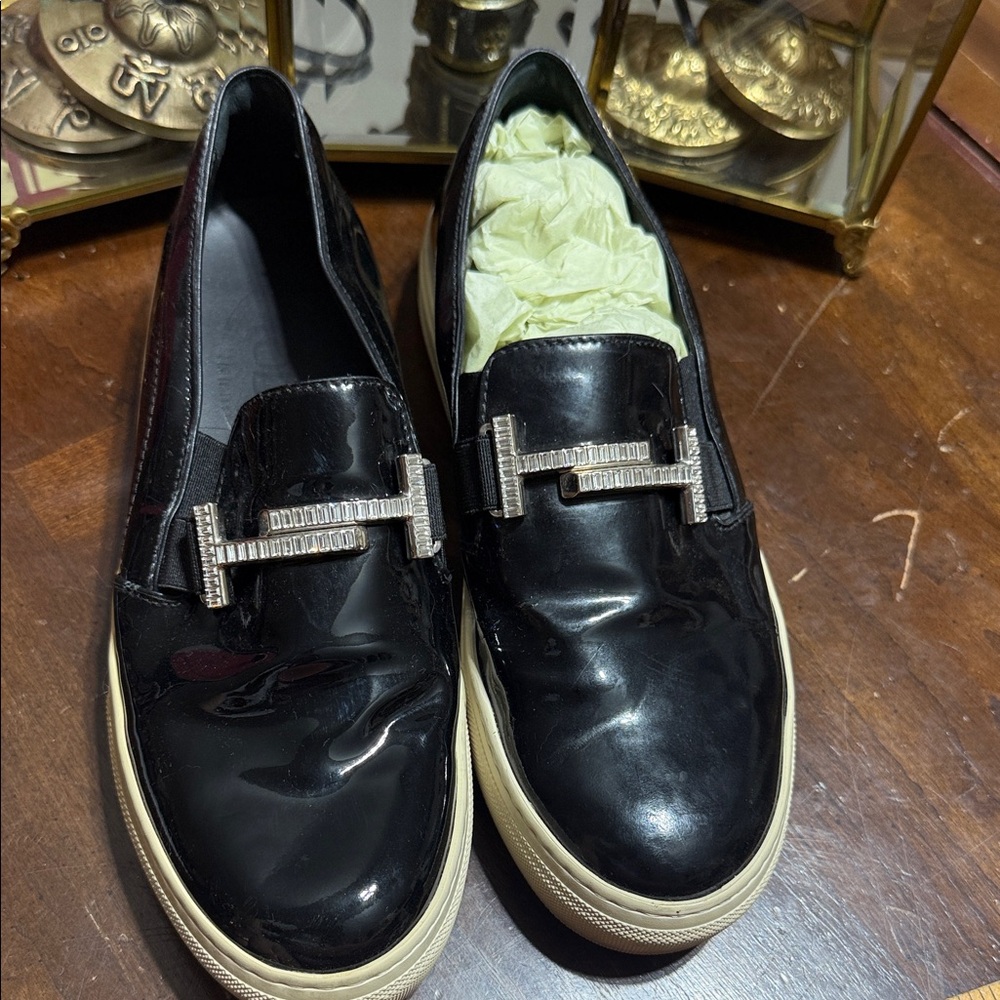 Black Patent Leather Loafers with Silver Accent TODS loafers